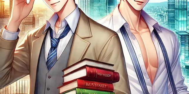DALL·E 2024-10-22 20.16.47 – A handsome university professor and an architect in a vibrant anime style. The professor is depicted wearing glasses and a casual blazer, holding a st